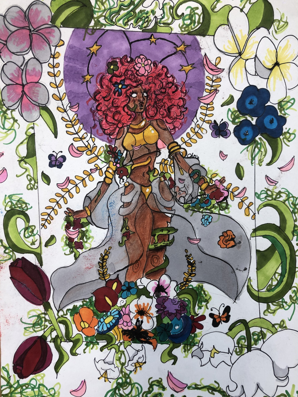 Drawing of a woman with pink curly hair surrounded by flowers.