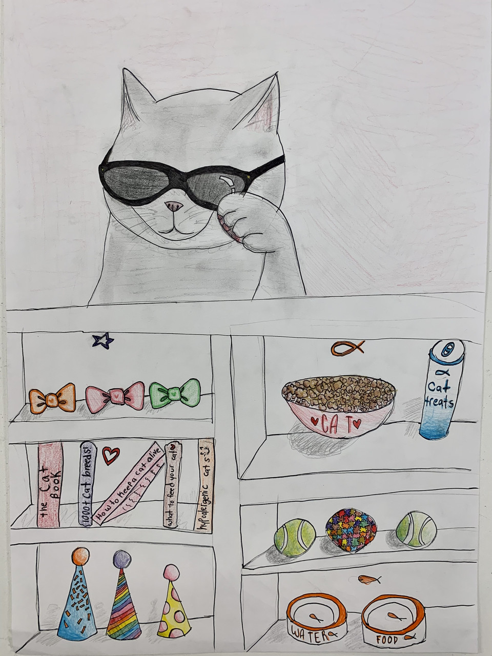 Drawing of a cat with glasses