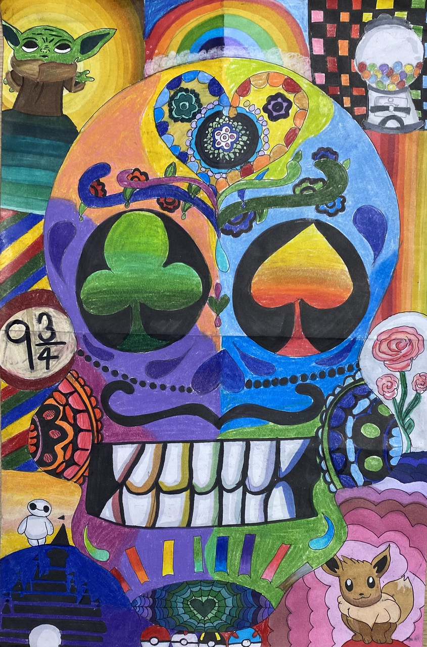 Day of the dead skull drawing with bright colors