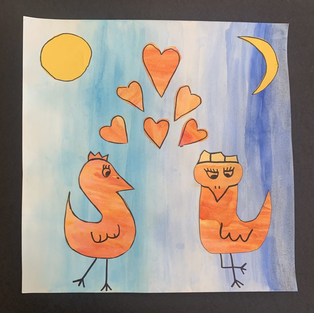 Orange birds with hearts, sun, and moon