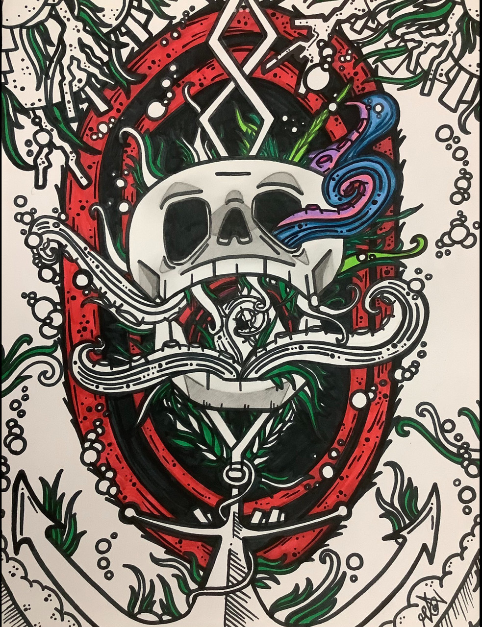 Bright marker drawing of a skull with a red outline