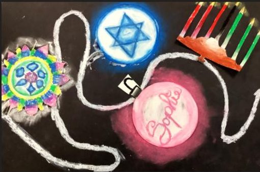 oil pastel and paper lights on black background the lights have different holiday bulbs, a jewish star, and the name sophie