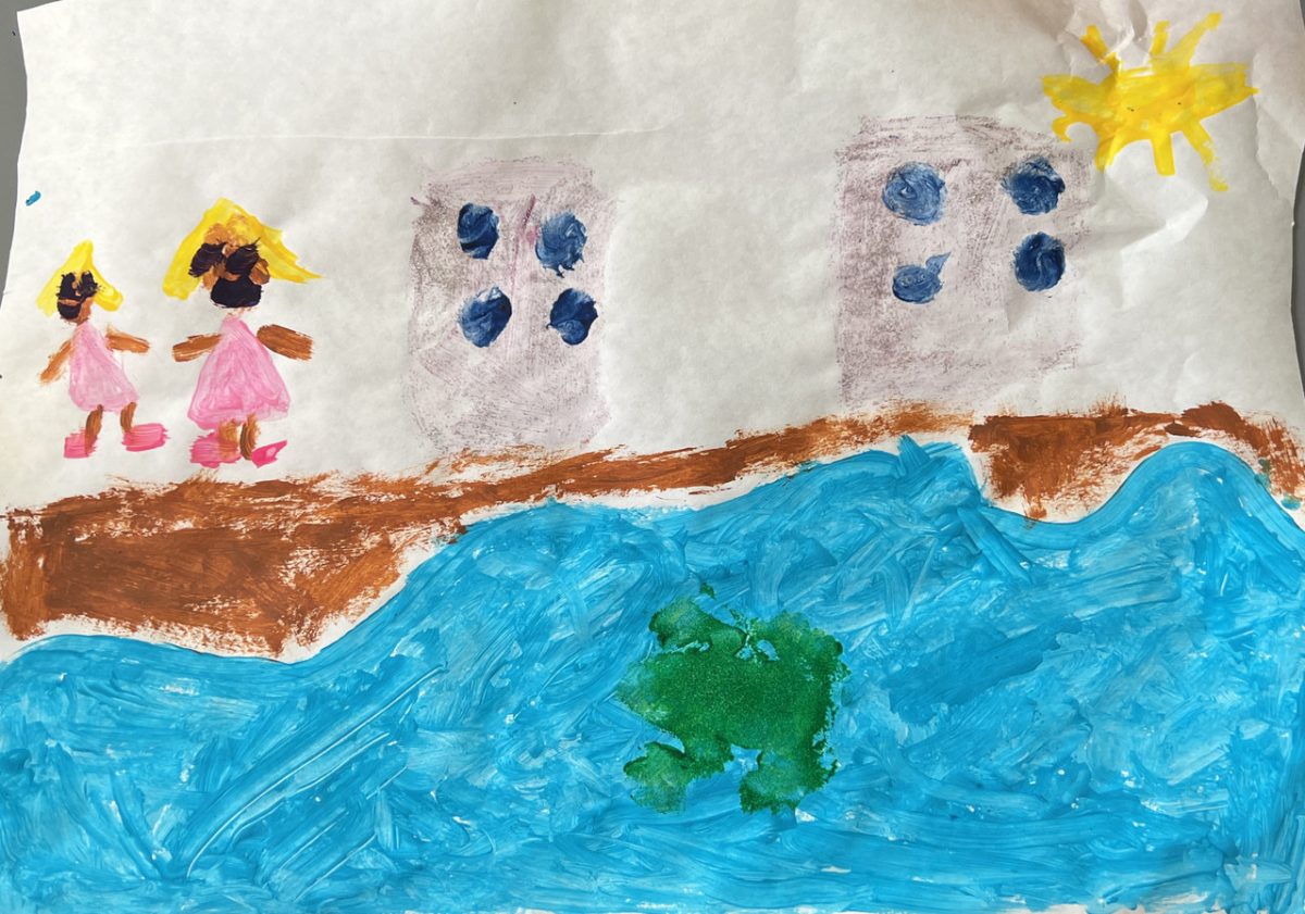 two small figures walking along a path