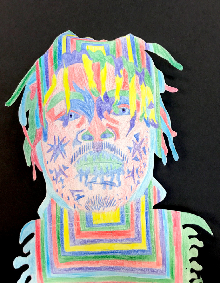 Colorful colored pencil drawing of head & neck of figure