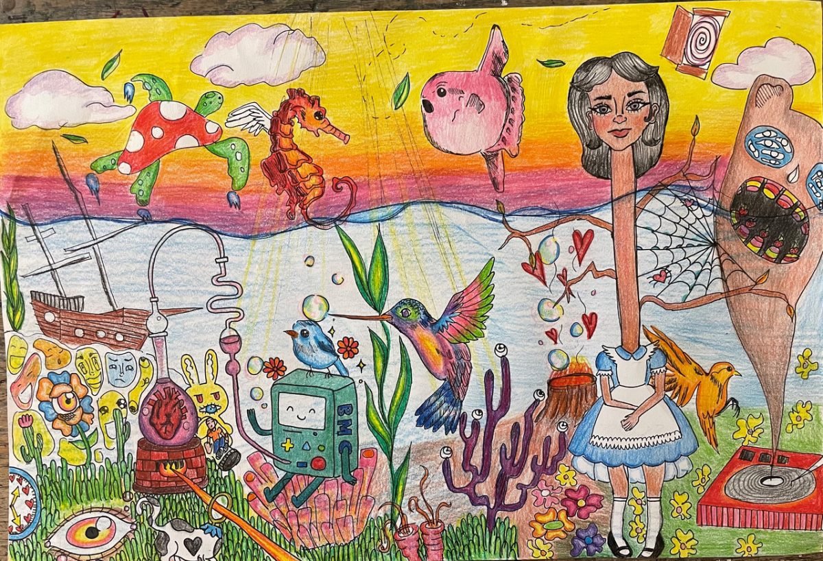 Colored pencil drawing of surrealist scene, people, seahorses, fish, flowers, etc.