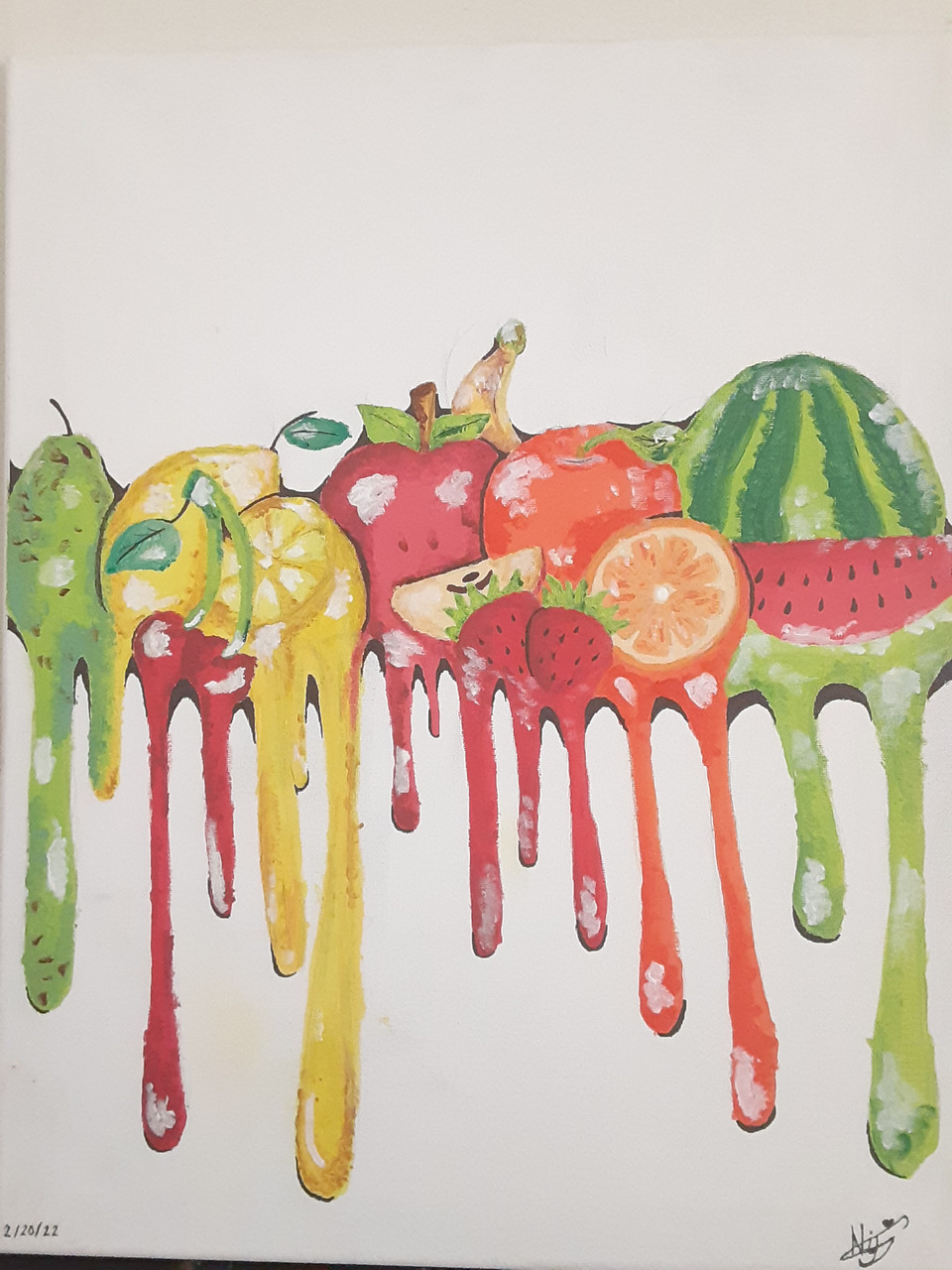 A painting of a variety of fruits that look like they are dripping