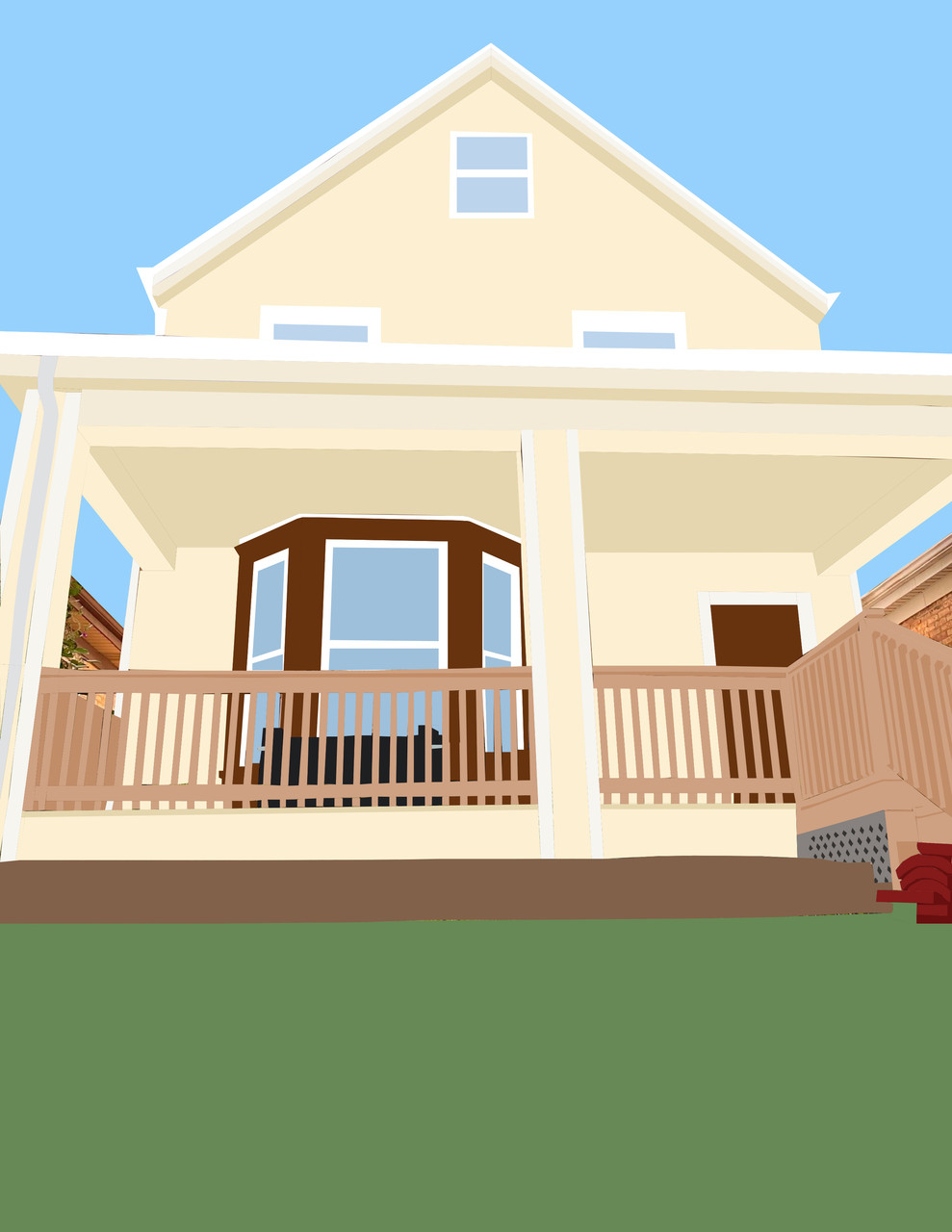 Digital drawing of house with porch and grass in front
