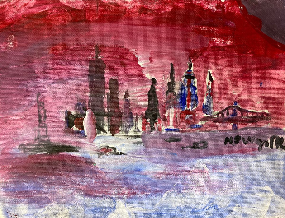 A painting of skyscrapers against a dark red sky and light colored water down below