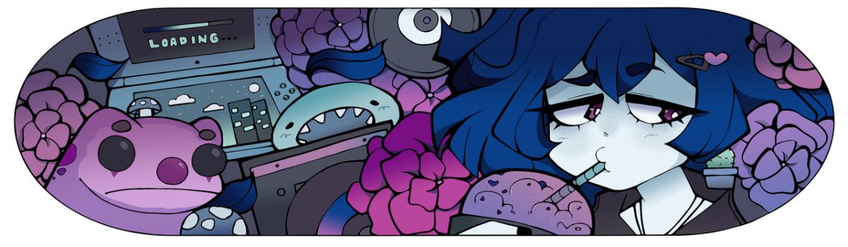 Digital design of figure drinking, laptop computer loading, cute monsters & flowers.