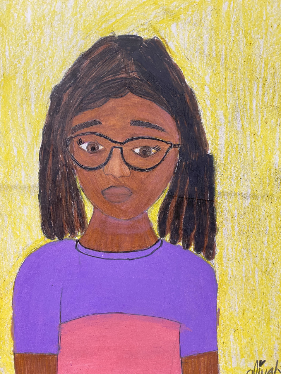 Artwork of a girl with glasses wearing a purple and pink shirt