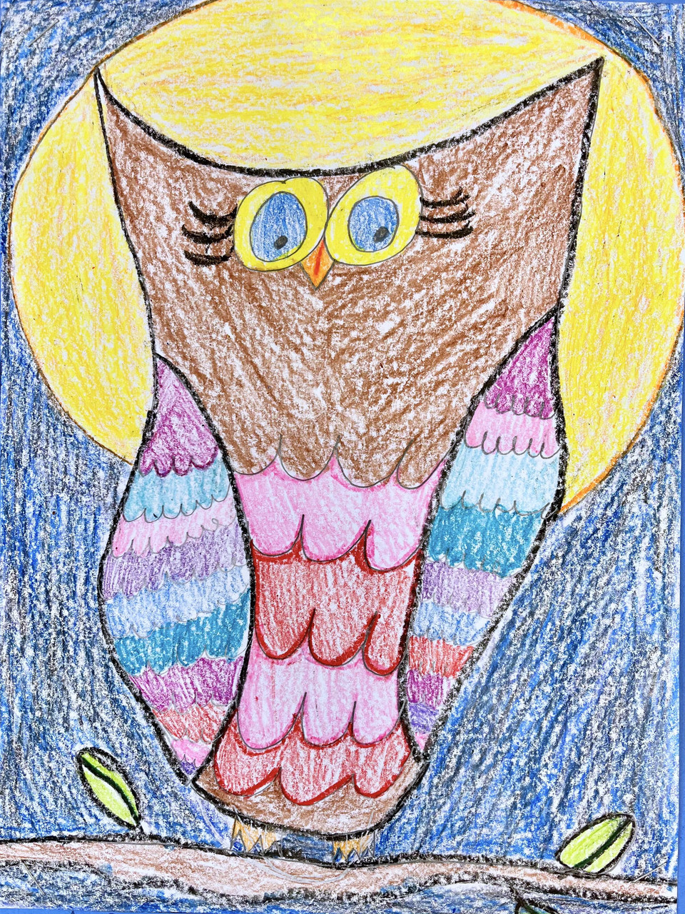 crayon drawing of owl with blue and purple feathers on a branch agains a yellow full moon