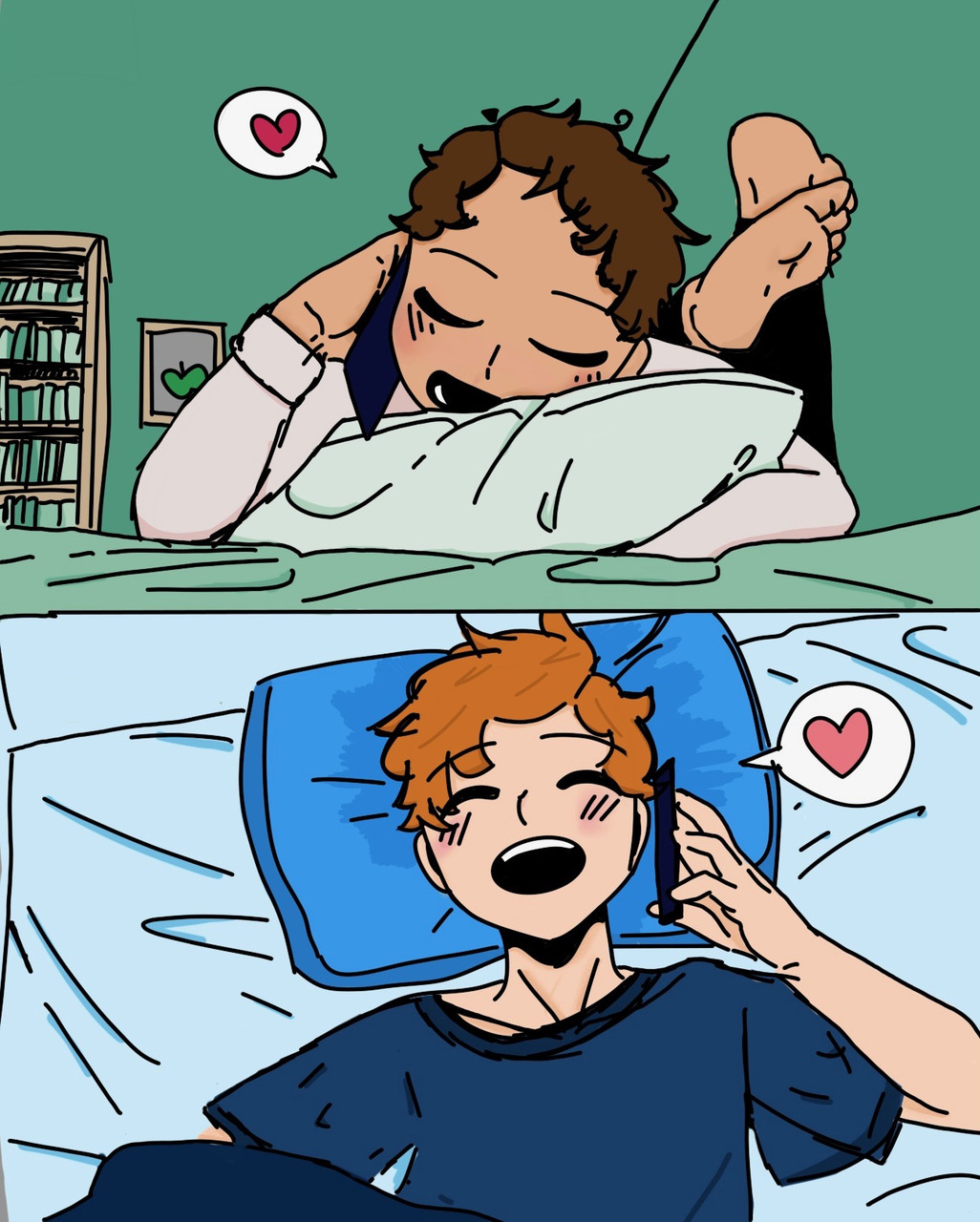 Two panel illustration of two people talking on the phone