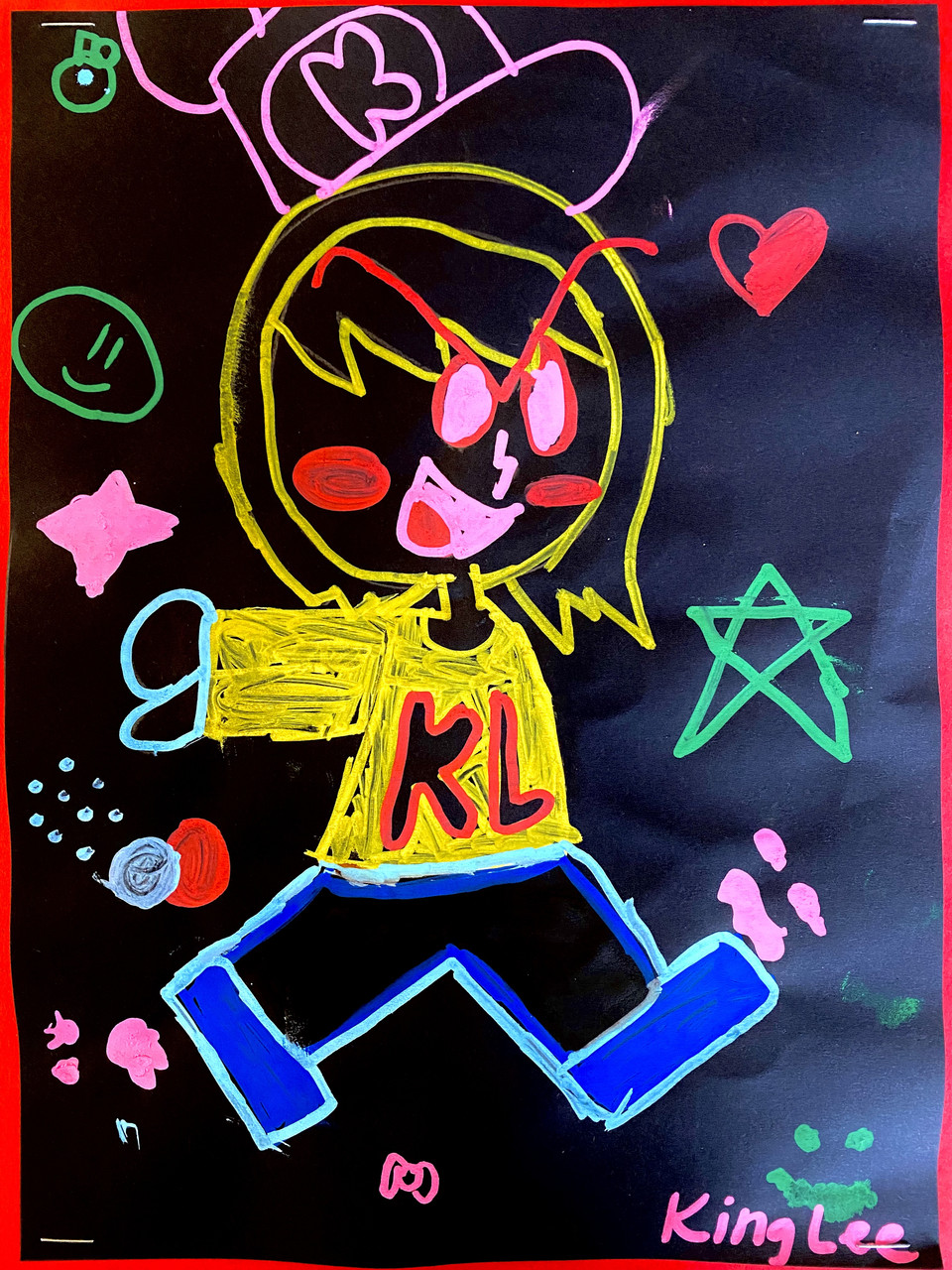 A brightly colored drawing of a person smiling wearing a yellow shirt