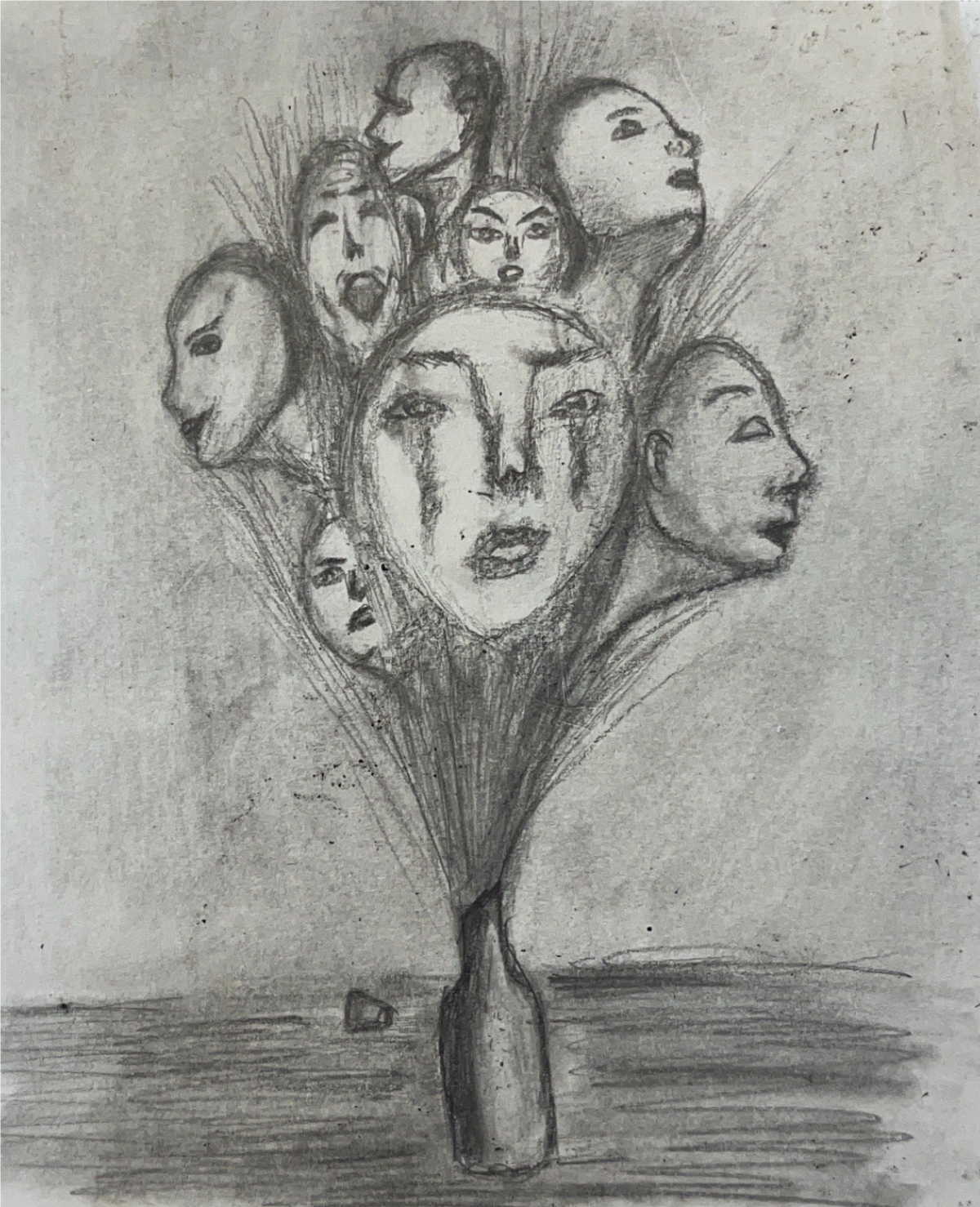 Pencil drawing of balloons with faces