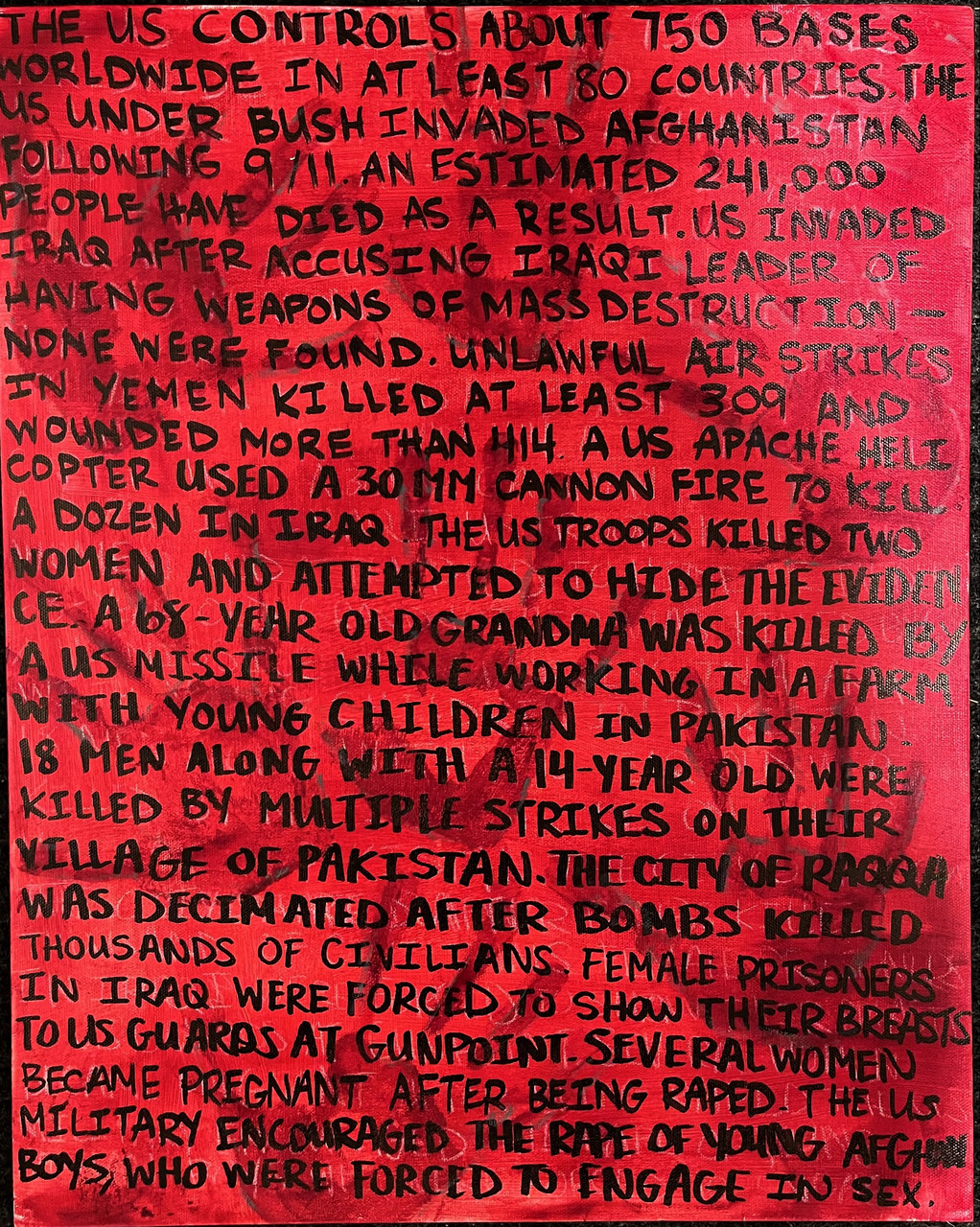 Red paintings with words in black