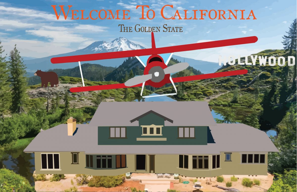 Digital design with a building and biplane coming towards the viewer. Bear, trees, & mountains in the background.