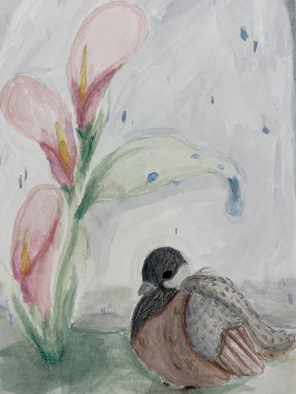 A bird with a pink flower and dew drops