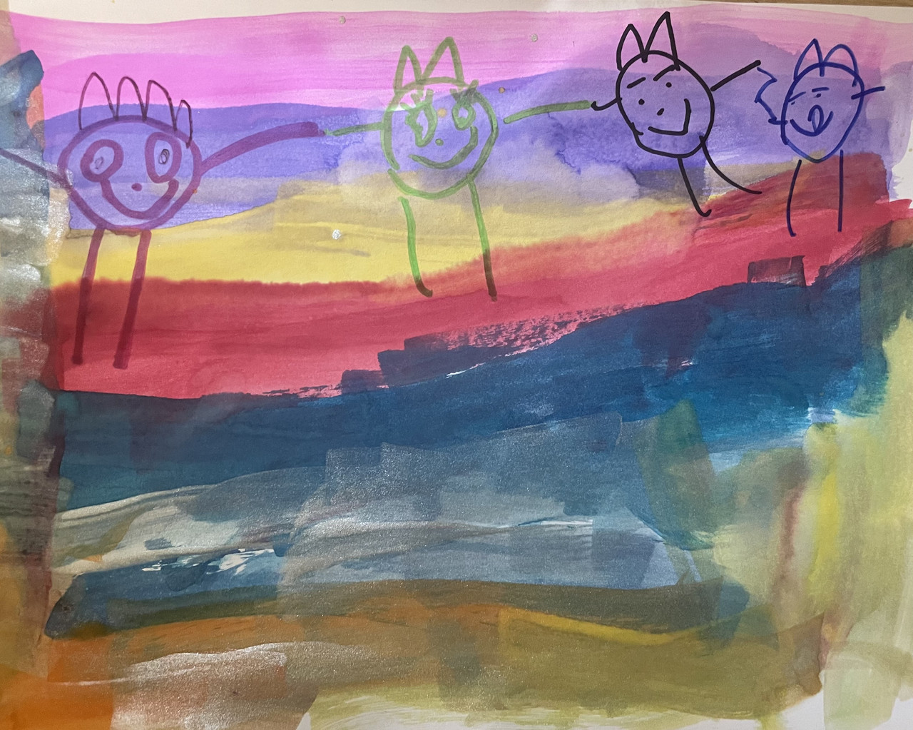 pink, purple, yellow, red, blue stripes with stick figure family