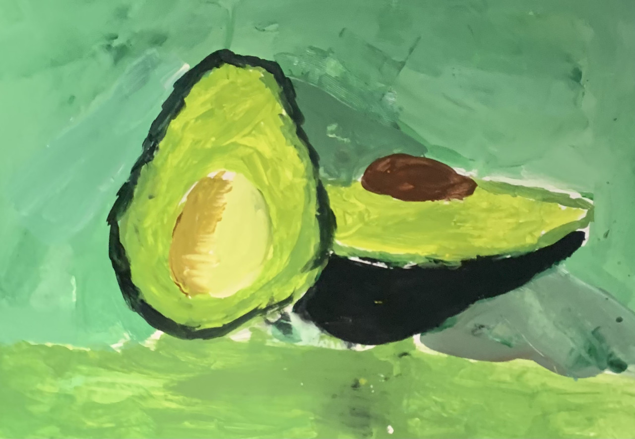 A painting of an avocado cut in half with a green background