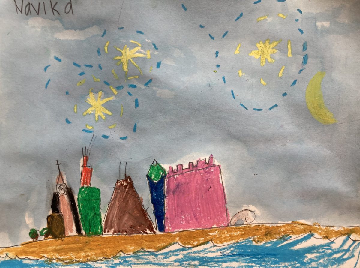 A painting of a grey sky with stars and the chicago skyline with the lake