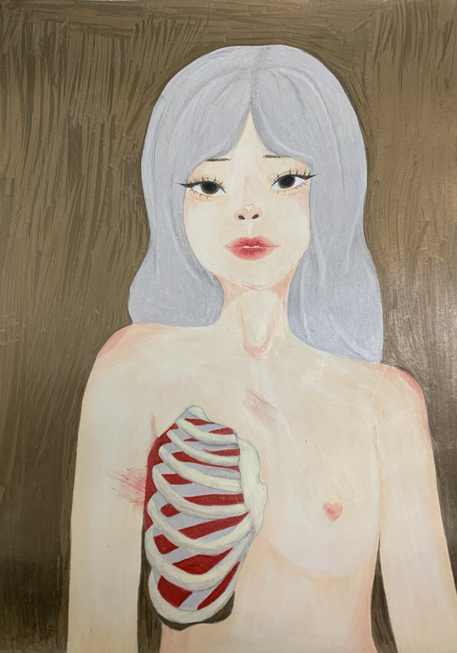 Drawing of a woman with ribs exposed