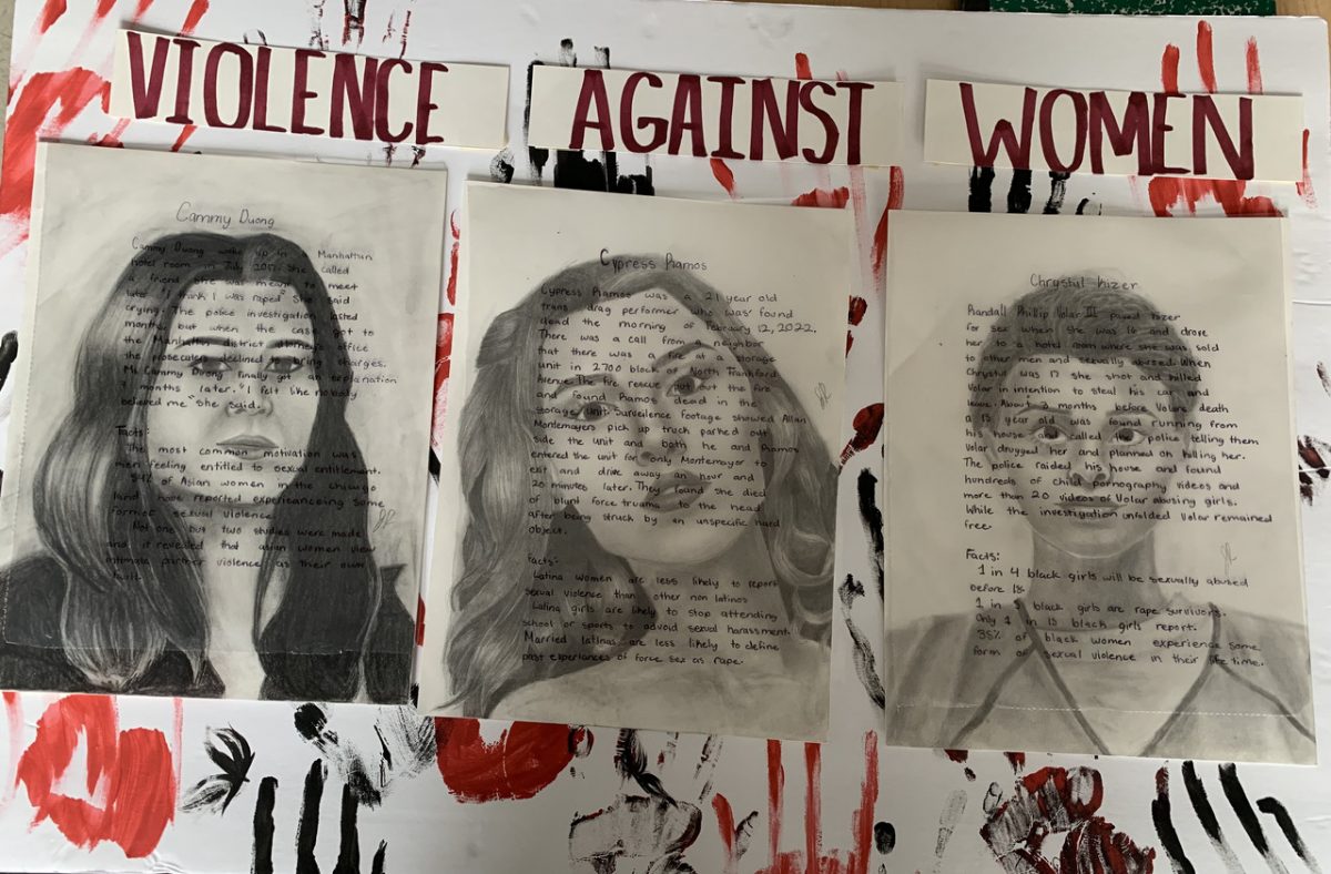 3 faces with writing on top of faces with red hand prints in the background.