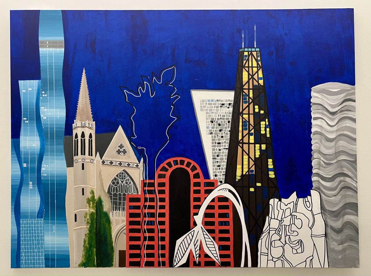 Painting of Chicago downtown buildings & sculptures