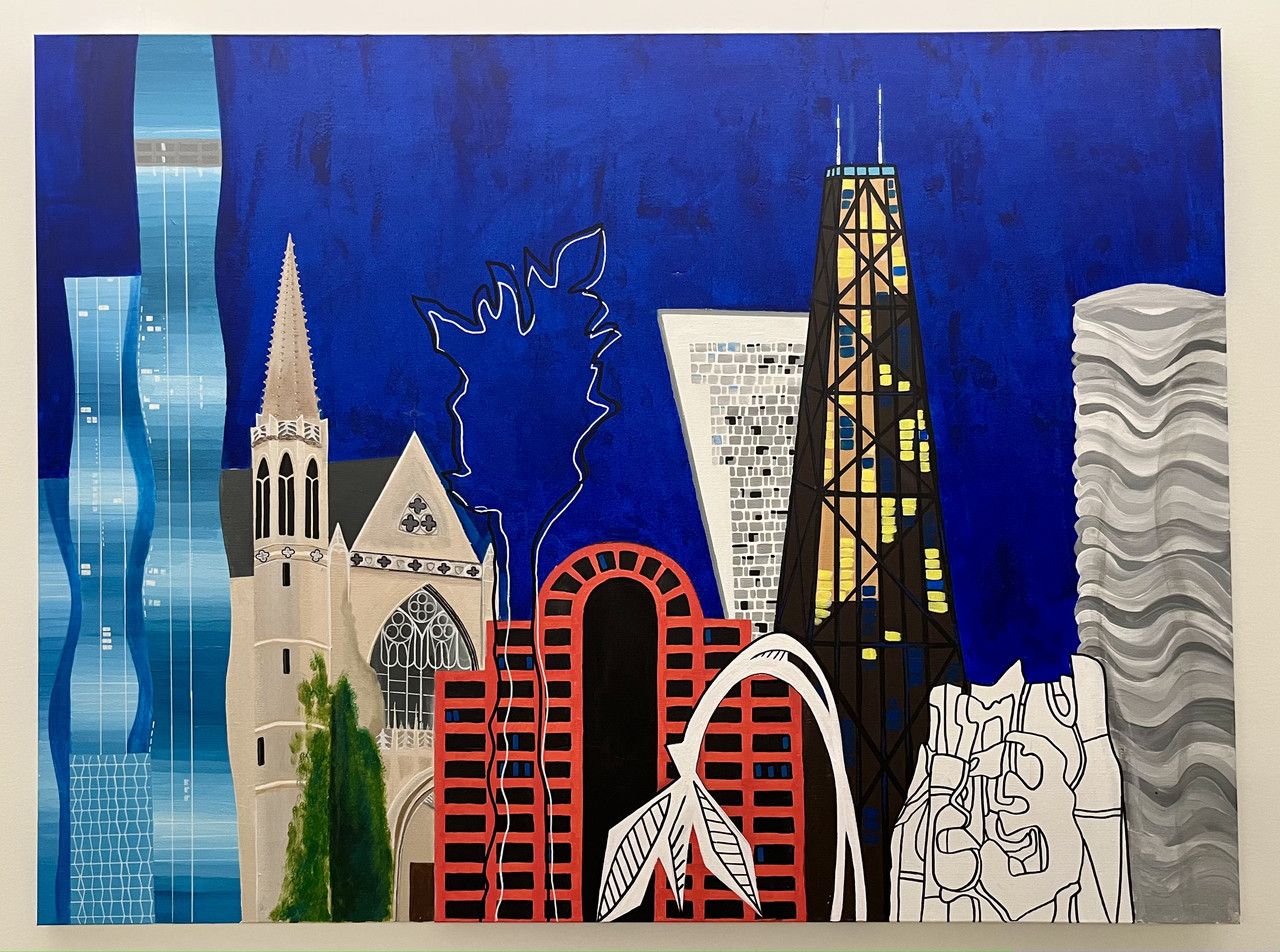 Painting of Chicago downtown buildings & sculptures