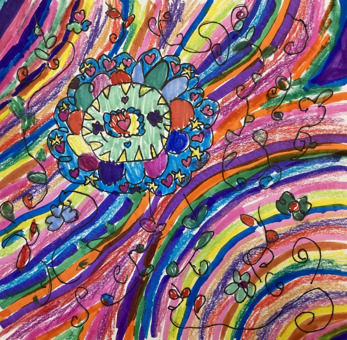 A very colorful background with repeating stripes and patterns and an a flower