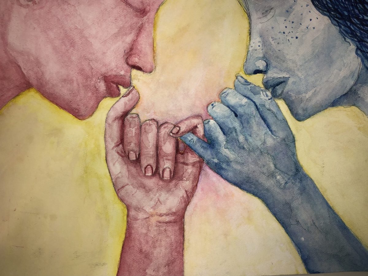 Watercolor painting of a red & blue figure intertwining their pinky fingers