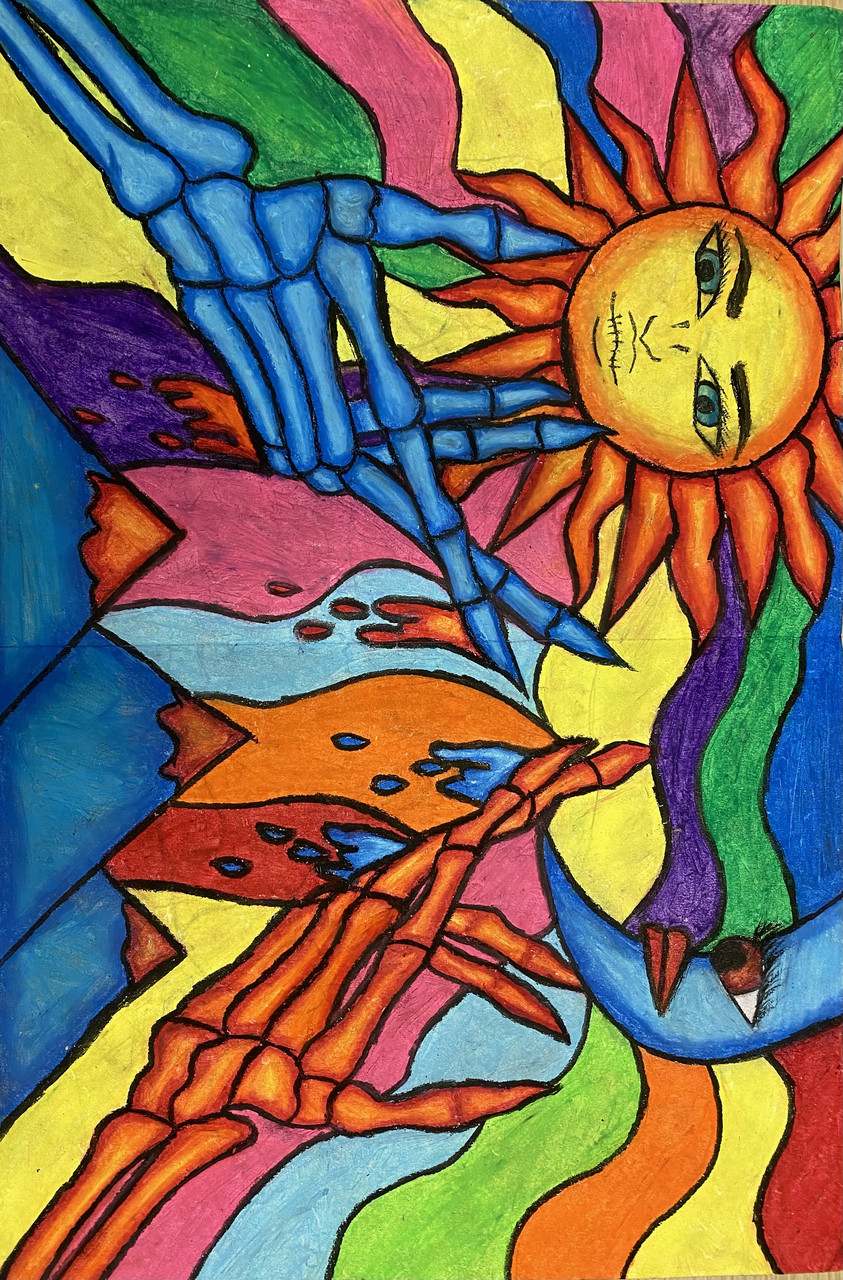 Bright oil pastel drawing of a sun with skeleton hands