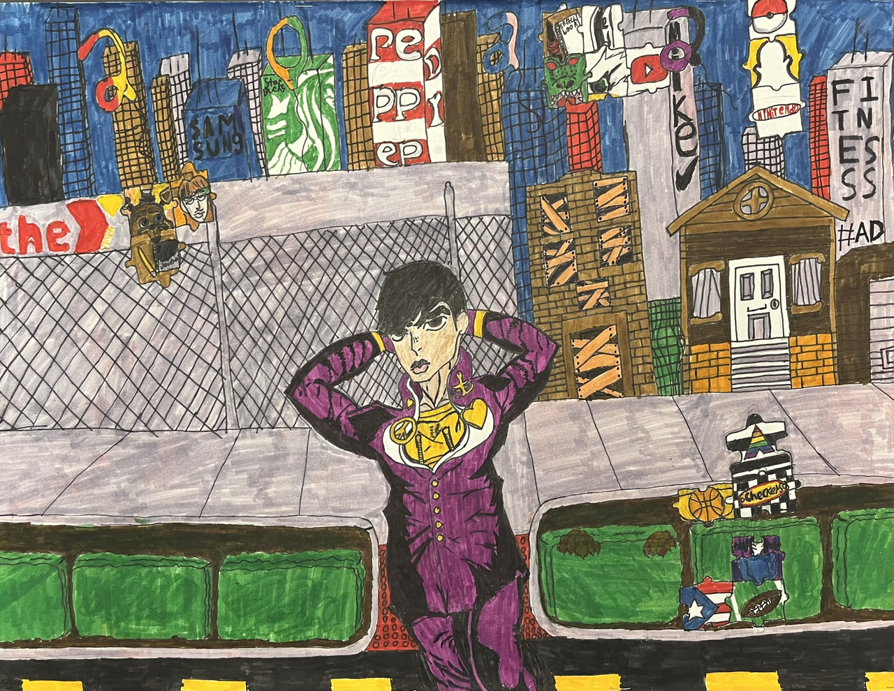 A person wearing a purple jacket poses in front of a cityscape.