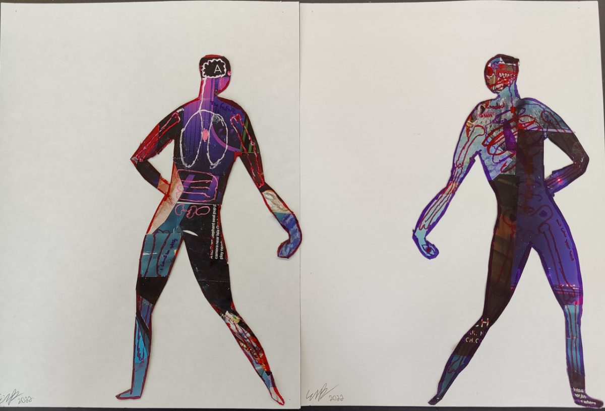2 artworks, both of mixed media collage figures