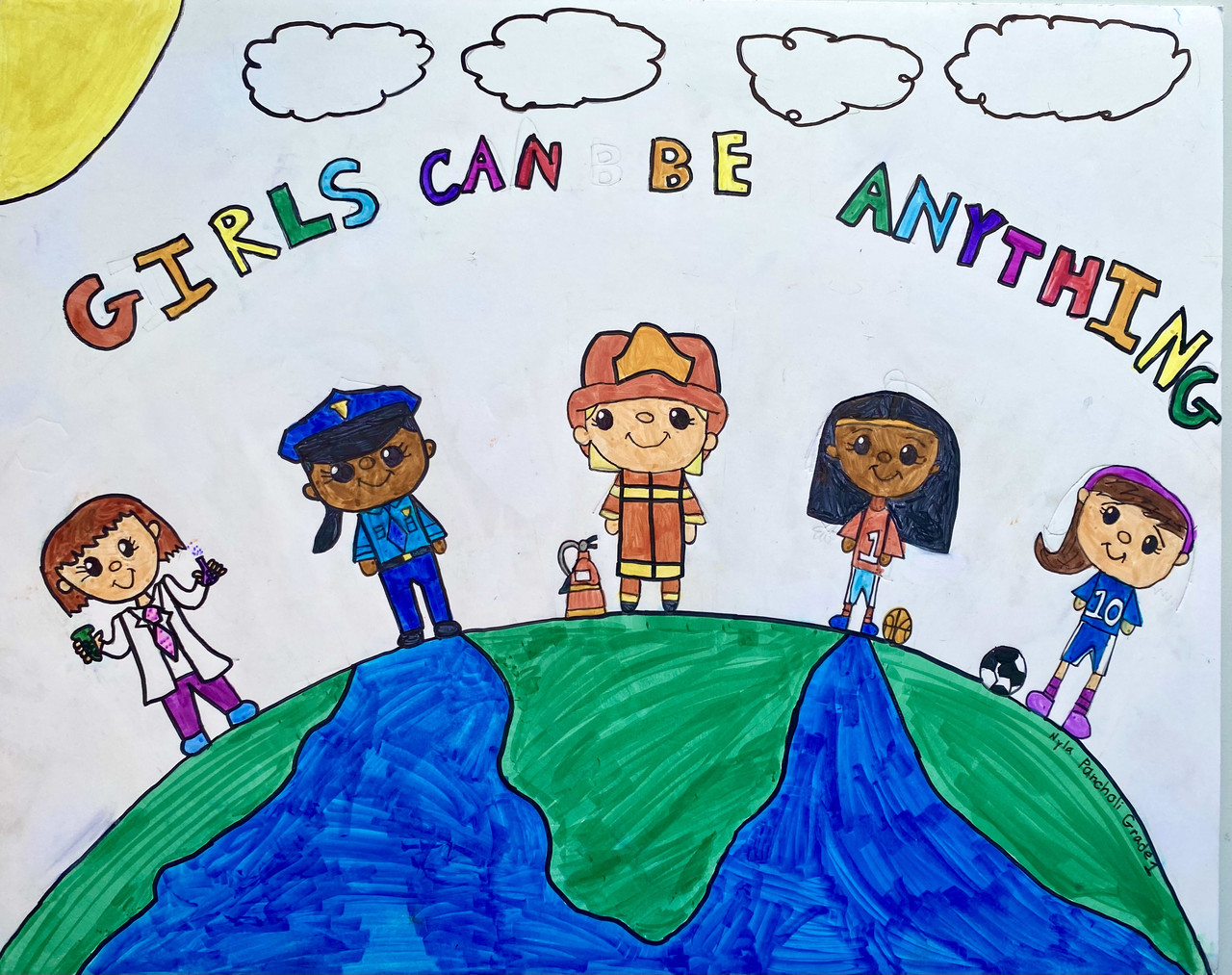 5 girls dressed in clothes for occupations stand on a globe with the label girls can do anything