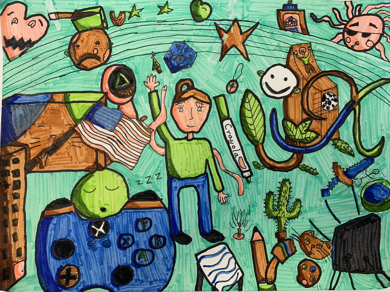 Surreal drawing of girl with flag, pencil, and other objects in front of green background.