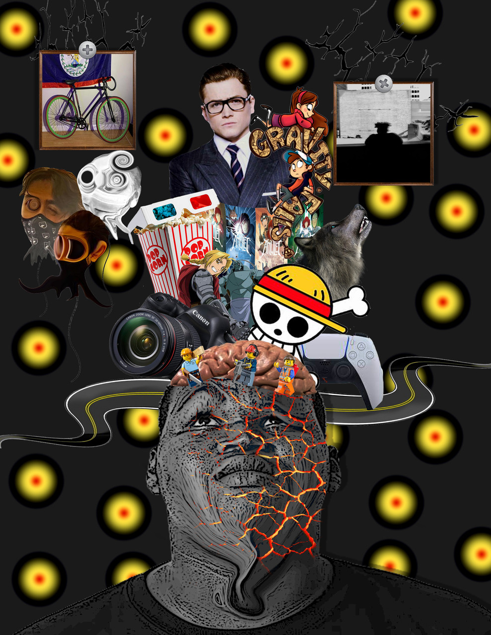 Digital collage of face showing cracks with an exposed brain & various items coming out of it