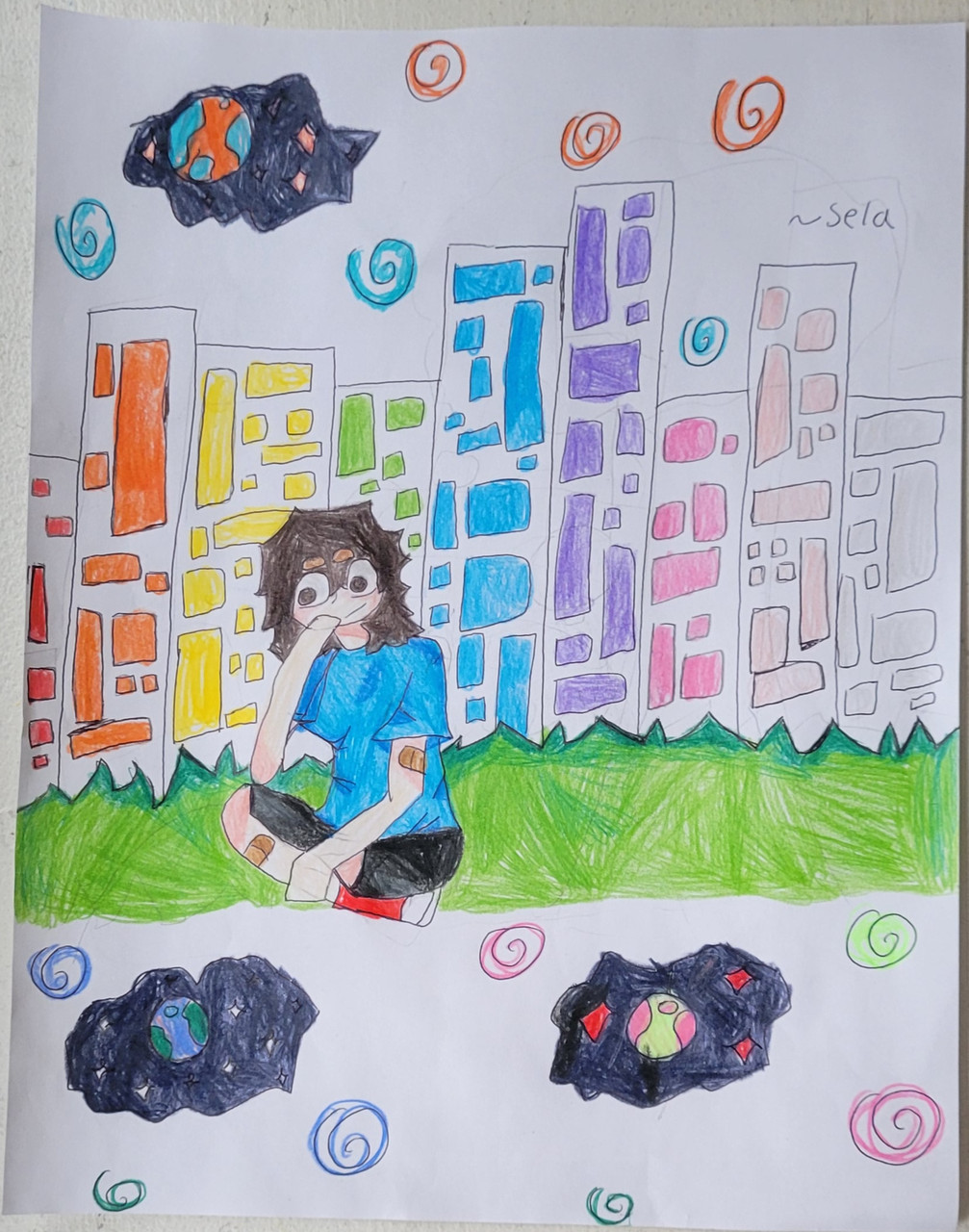 girl in blue shirt sits on green grass and looks through portals at other universes a city with rainbow windows is in the background