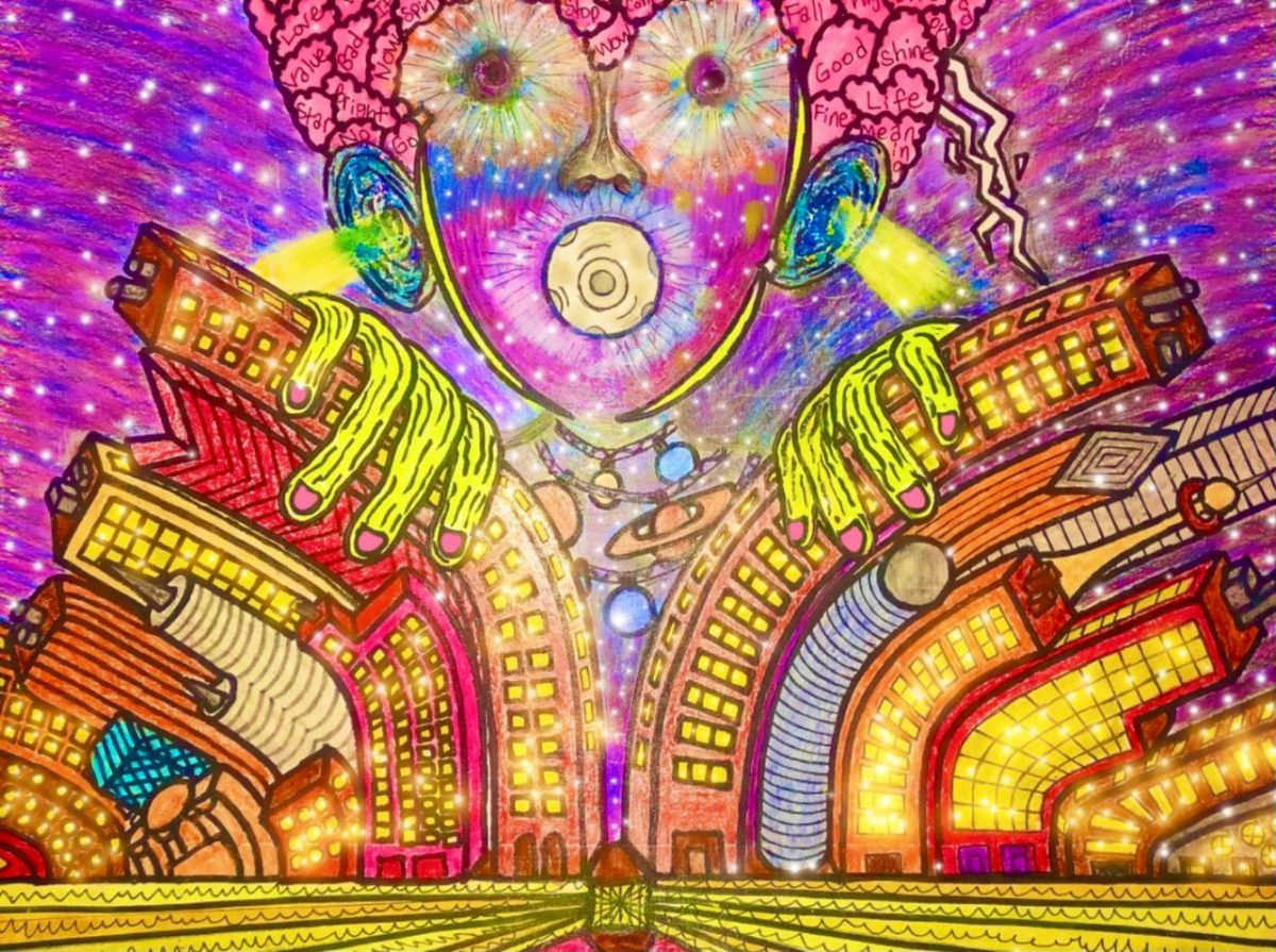 Bright detailed drawing of a person pushing buildings to the side and blowing through their mouth