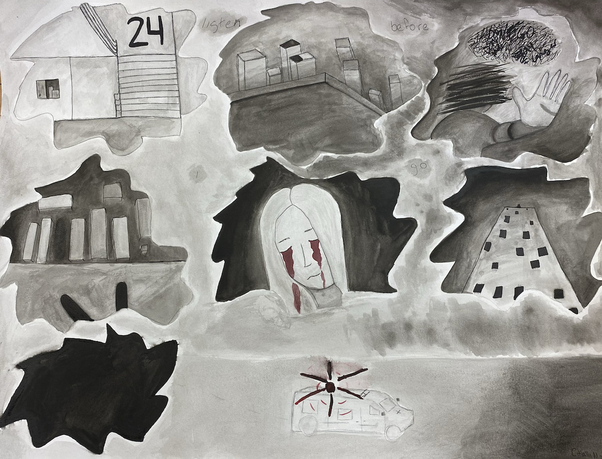 black and white comic style watercolor painting