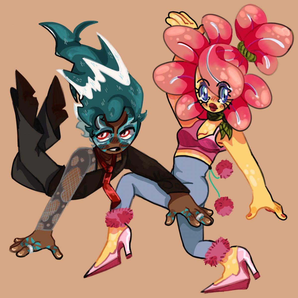 Digital illustration of 2 figures in motion