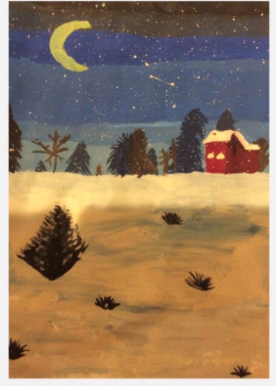 night landscape with red house and trees