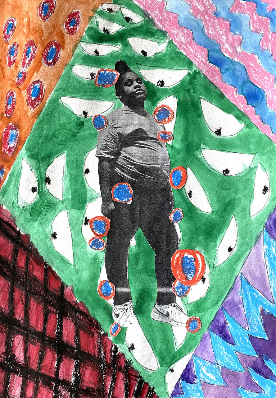 black and white photo of girl surrounded by patterns