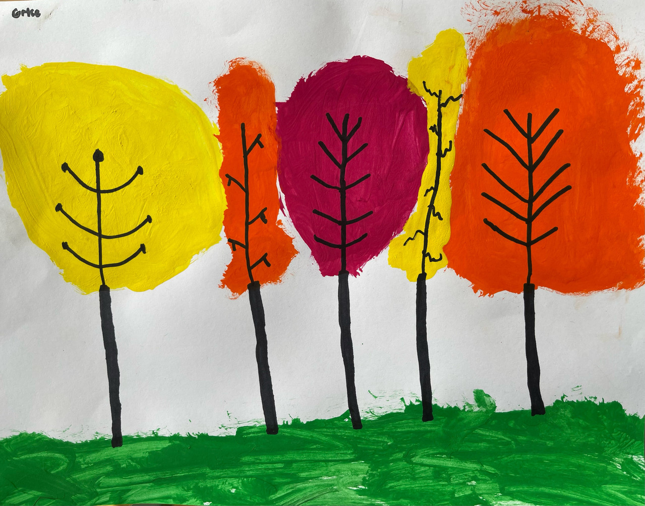 marker and paint drawing of trees in fall colors