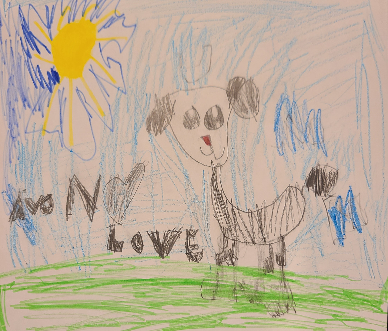 colored pencil drawing of a black and white dog playing in a sunny field