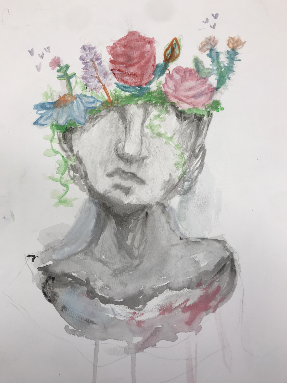 watercolor painting of a person's bust with flowers growing out of their head