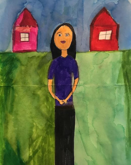 water color painting of a young woman standing between two red houses