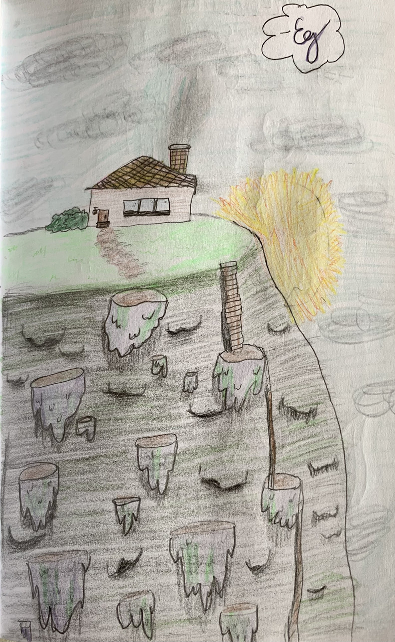 colorful sketch of a house on a hilltop