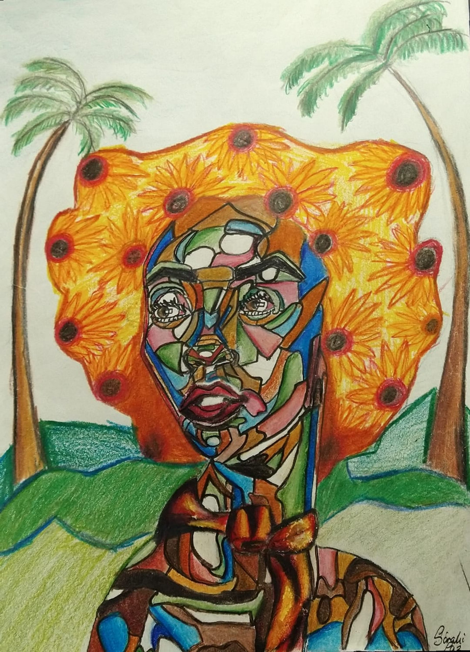 abstract drawing of a woman standing between two palm trees