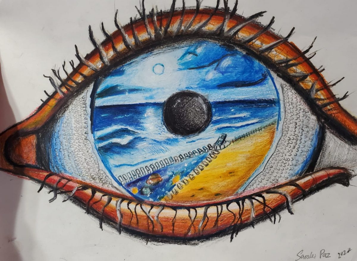 colored pencil of an eye, with a reflection of the world inside of the pupil of the eye