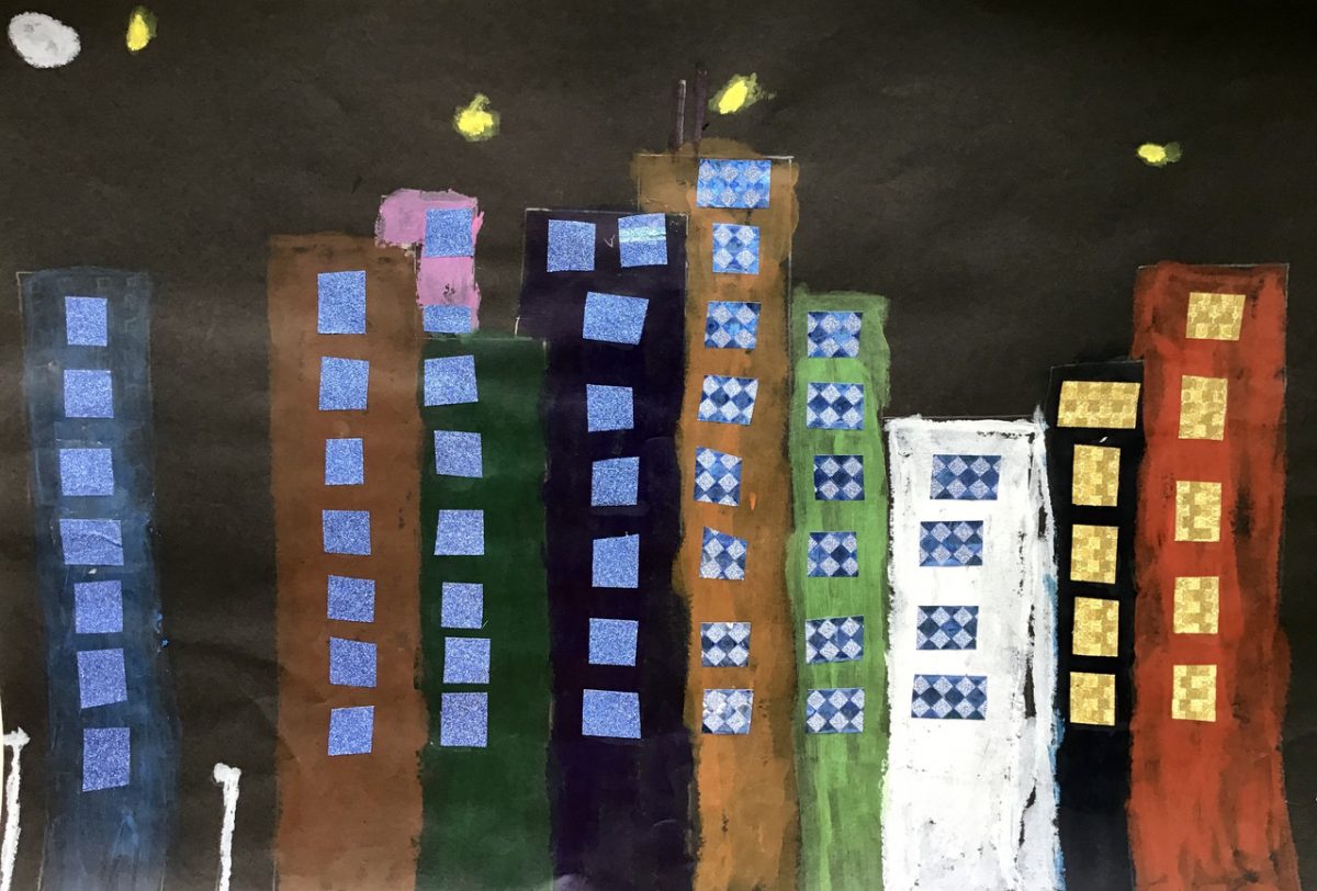 painting of tall buildings